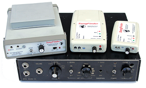 Photo showing three versions of SongFinders sitting atop my original one-of-a-kind Harald Bode bird song frequency shifting unit.